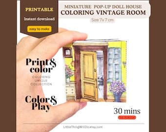 May include: Printable coloring page of a miniature pop-up dollhouse vintage room. The dollhouse is 7 inches by 7 inches and features a door that opens to reveal a room with furniture. The coloring page is easy to make and takes about 30 minutes to finish.