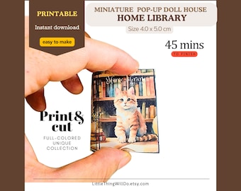 May include: Printable pop-up dollhouse home library with a cat sitting in a bookshelf. The dollhouse is 4.0 x 5.0 cm and takes 45 minutes to assemble.