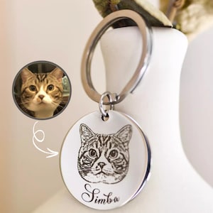 Engraved Pet Portrait Keychain: Personalized Memorial Gift, Silver/Gold Plated