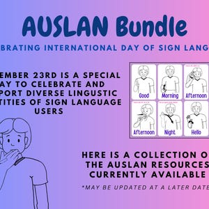 Puede incluir: Un gráfico colorido con el texto "AUSLAN Bundle" y "Celebrating International Day of Sign Language". El gráfico también incluye una ilustración en blanco y negro de una persona firmando la palabra "good" en Auslan, junto con una cuadrícula de ocho ilustraciones en blanco y negro de personas firmando diferentes palabras en Auslan.