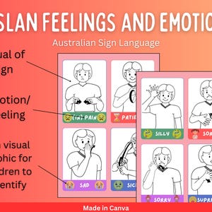 Puede incluir: Un conjunto de ocho tarjetas de memoria con ilustraciones en blanco y negro de personas que firman diferentes emociones en el lenguaje de se&ntilde;as australiano (Auslan). Cada tarjeta incluye la palabra de la emoci&oacute;n y un emoji correspondiente. Las emociones representadas son: dolor, paciente, tonto, dolor, tristeza, enfermo, perd&oacute;n y sorpresa.