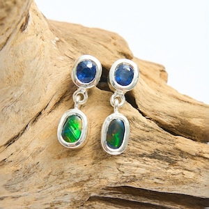 Australian Boulder Opal Drop Earrings with Royal Blue Oval Sapphires, Set in Sterling Silver, Handmade, Ethically Sourced Direct from Miner