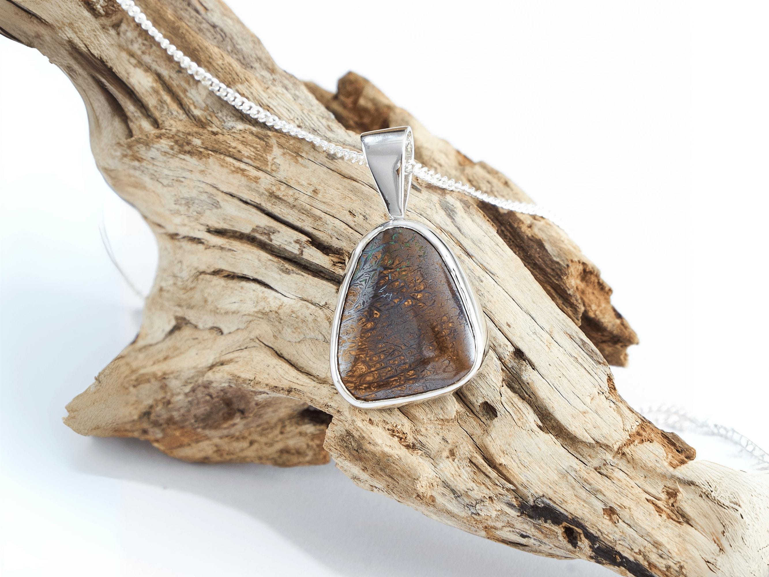 Australian Matrix Boulder Opal Sterling Silver Pendant, Natural