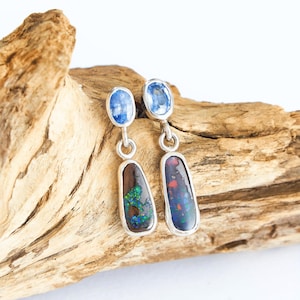 Australian Boulder Opal and Pale Blue Sapphire Drop Earrings | Set in 925 Sterling Silver | Natural Opals | Direct from Miner