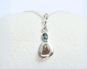 Australian Boulder Opal Silver Frame Charm for Bracelets: Handmade with an Aqua Sapphire