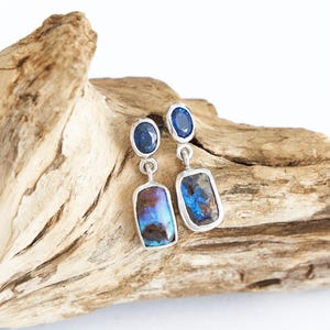 Australian Blue Boulder Opal Earrings | Drop Sterling Silver with Natural Opal and Sapphires | Opals Direct from Miner | Perfect Gift