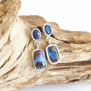 Australian Blue Boulder Opal Earrings | Drop Sterling Silver with Natural Opal and Sapphires | Opals Direct from Miner | Perfect Gift