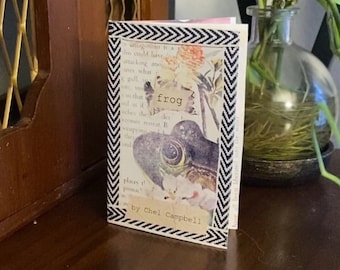 Pode incluir: Um pequeno livro com um padrão de chevron preto e branco com uma colagem de imagens na capa. O livro é intitulado "frog" e é de Chel Campbell.