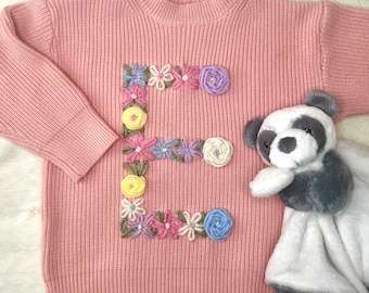 Custom Floral Embroidered Initial Baby Toddler Sweater, Hand Embroidered gift, Custom Baby Gift, Baby Announcement