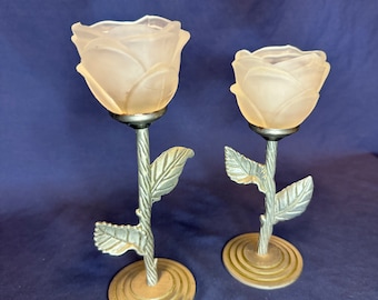 Vintage Set of 2 Frosted Glass Rose Sculptured Pewter Metal Tea Light Votive Candle Holders