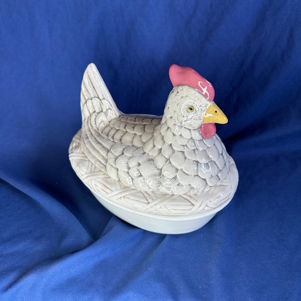 Vintage Large Ceramic Hen Bowl, Lidded Dish - Farmhouse, French Country