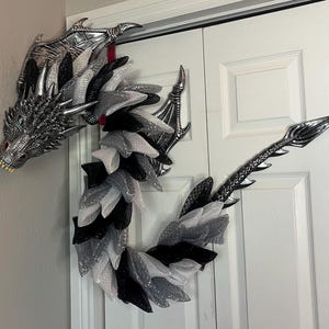 Black Silver Dragon Wreath: Fantasy Door Decor