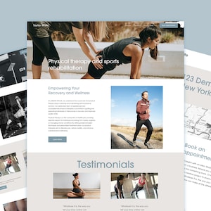 May include: Website for a physical therapy and sports rehabilitation clinic. The website features images of people exercising and a testimonial section. The clinic is located at 123 Demo Street, New York, NY 12345.