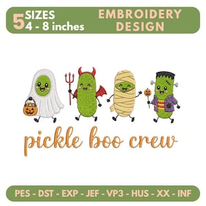 Pickle Boo Crew Embroidery Design, Cute Halloween Pickle Bundle with Ghost, Devil, Mummy and Frankenstein Machine Embroidery File