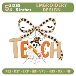 Teach Ghost Embroidery Design, Leopard Bow Teacher Halloween Embroidery File, Cute School Ghost with Pencil Machine Embroidery Pattern