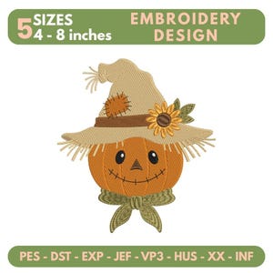 Scarecrow Pumpkin Embroidery Design,Cute Fall Harvest Pumpkin with Straw Hat, Sunflower Machine Embroidery,Farmhouse Fall(Instant Download)