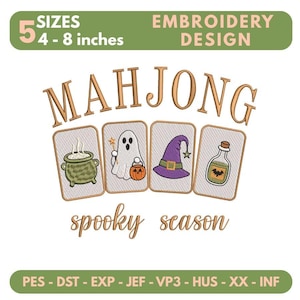 Peut inclure: Un motif de broderie avec le texte MAHJONG et spooky season en marron. Quatre tuiles rectangulaires présentent un chaudron vert, un fantôme blanc avec une citrouille, un chapeau de sorcière violet et une potion avec une chauve-souris. 5 tailles 10-20 cm.