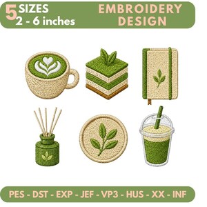 Puede incluir: Un conjunto de diseños de bordado en 5 tamaños de 5 a 15 cm. Los gráficos incluyen un latte de matcha, un pastel verde en capas, un diario con un icono de hoja, un difusor de varillas, un emblema circular con hojas y una bebida verde en vaso.