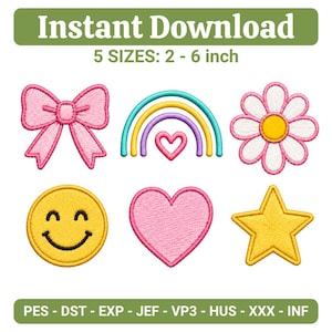 Mini Icons Embroidery Design Bundle, Cute Coquette Bow Rainbow Daisy Smiley Heart Icons, Kawaii Machine Embroidery  (Instant Download)