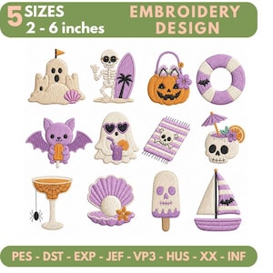 Sommarbroderidesignset, tropisk Halloween-maskinbroderi, strandgoth-ikoner med dödskalle och spöken, läskigt sommarbroderimönster