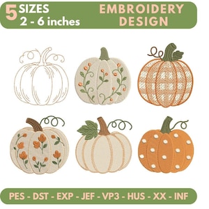 Fall Pumpkin Embroidery Design Bundle, Floral Pumpkin Machine Embroidery File, Autumn Leaf Gingham Pumpkin Patch Set (Instant Download)