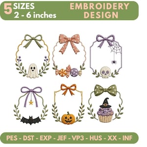 Halloween Coquette Frame Embroidery Design Bundle, Cute Ghost Pumpkin Bow Embroidery Files, Spooky Cottagecore Monogram Frame