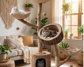 Árbol rascador de madera natural multinivel para gatos, torre de rascador tejida, mueble moderno para gatos, condominio para mascotas, árbol para trepar para gatos de interior.