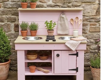 90cm Painted Mud Kitchen with 2 Bowls, Outdoor Kids Play Kitchen, Hand Painted Mud Play Set, Children Backyard Pretend Cooking Toy