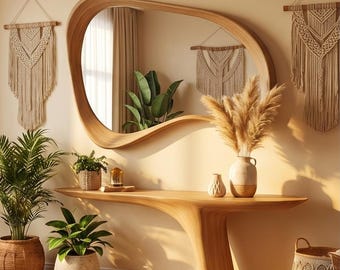 Large Asymmetrical Wood Mirror | Irregular Organic Wall Decor | Modern Boho Accent Mirror for Living Room Bedroom Entryway Bathroom