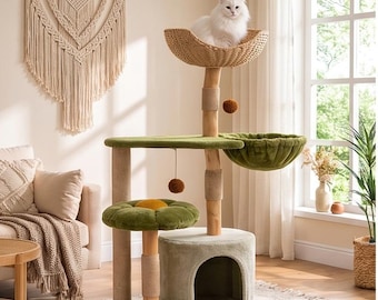 Modern Wood Cat Tree with Woven Basket, Cat Tower Furniture, Multi-Level Cat Condo for Indoor Cats, Stylish Pet Furniture