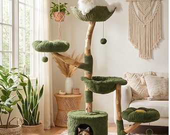 Natural Wood Flower Cat Tree for Indoor Cats, Modern Cat Climbing Tower with Flower Design, Sturdy Cat Furniture for Small Spaces