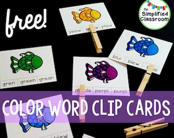 Color Word Clip Cards Literacy Center Printable Digital Download by the Simplified Classroom for Teachers and Homeschool