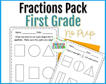 First Grade NO PREP Fractions Pack Coloring Matching Sorting Math Worksheets