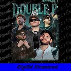Könnte beinhalten: Digitaler Download PNG-Datei mit einer Collage von fünf Männern, mit dem Text "Tito Double P" in Türkis. Der Hintergrund ist schwarz mit einem sich wiederholenden Muster von "Elaine's Creations".