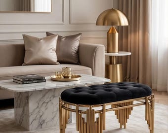 Black Velvet Tufted Ottoman Bench Gold Legs Modern Upholstered Footstool Accent Furniture for Living Room Bedroom Entryway Luxury Home Decor