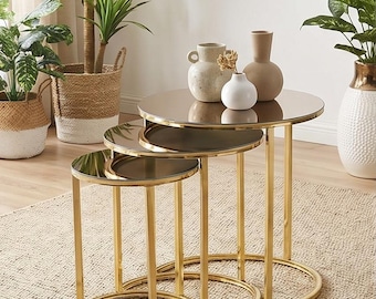 3 Piece Coffee Side Table Set Glass Top Modern Living Room Furniture Home Decor Accent Table Easy Assembly Bedroom Office Small Space