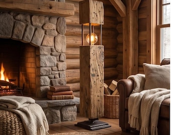 Reclaimed Oak Railway Sleeper Floor Lamp | Rustic Industrial Wooden Standing Light |Handmade Vintage Home Decor Living Room Bedroom Lighting