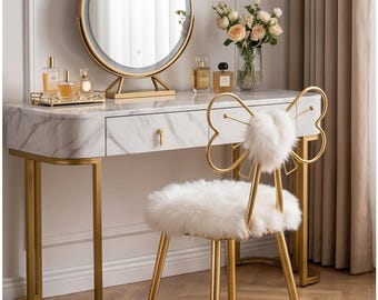 Gold Butterfly Vanity Chair White Faux Fur Luxury Makeup Chair for Bedroom Dressing Room Gold Metal Legs Elegant Accent Chair Gift for Women