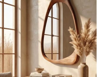 Handmade Asymmetrical Walnut Wall Mirror, Irregular Wooden Frame Decor for Living Room Entryway Bathroom Mid Century Modern Home Accent