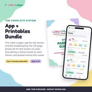 May include: A digital bundle featuring the Little Ledger app and a 24-page printable binder kit for managing chores and pocket money. The display shows a smartphone interface with financial tracking for children, alongside a guide for parents.