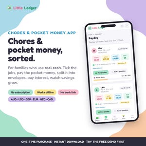 Peut inclure: Un smartphone affichant l'interface de l'application Little Ledger pour les tâches et l'argent de poche. L'écran montre le suivi financier pour Mia et Leo, incluant les catégories dépenser, épargner, investir et donner. Texte inclus.