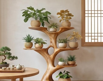 Estantería artesanal hecha con ramas de árbol. Estantería moderna de madera natural.