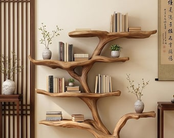 Estantería rústica de madera con borde natural hecha con ramas de árboles. Estantería de madera natural hecha a mano para almacenamiento.