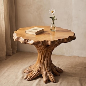 May include: A wooden side table with a tree trunk base and a natural edge top. A book and a small vase with a daisy are on the table. The table is approximately 76 cm in diameter.