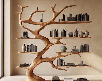 Handcrafted Solid Wood Tree Bookshelf | Rustic Wooden Tree Bookcase for Home Nursery Office