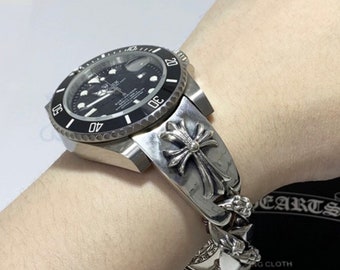 Chrome style cross watch strap, watch chain, gift for boyfriend , cross watch strap, hearts watch bracelet