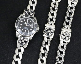 Chrome style cross watch strap, watch chain, gift for boyfriend , cross watch strap, hearts watch bracelet