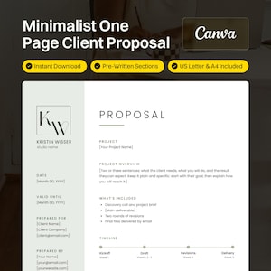 Project Proposal Template: Minimalist One Page Client Proposal, Editable Canva (US Letter & A4)