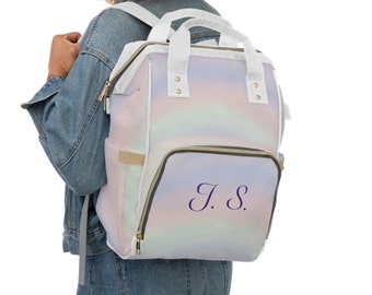 Pastel rainbow Monogrammed Multifunctional Diaper Backpack. Cute pastel rainbow backpack. Cute custom pastel rainbow Diaper bag