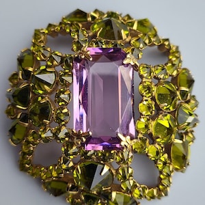 Schreiner New York Vintage Green Purple Rhinestone Crystal Brooch Pin Signed RARE Collectors Piece